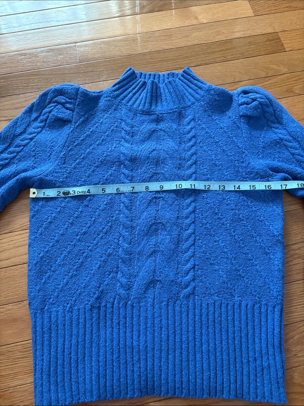 LOFT Bright Blue Cable-Knit Puff Shoulder Mock Neck Sweater - Picture 7 of 9